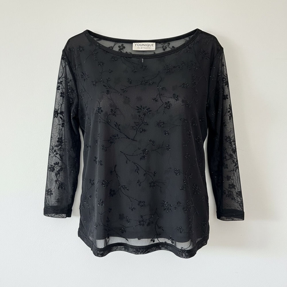 Younique Women’s Sheer Black Mesh Top Floral Sequin Blouse Sexy Elegant S
